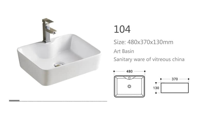 Rectangular art basin with dimensions and technical drawing.