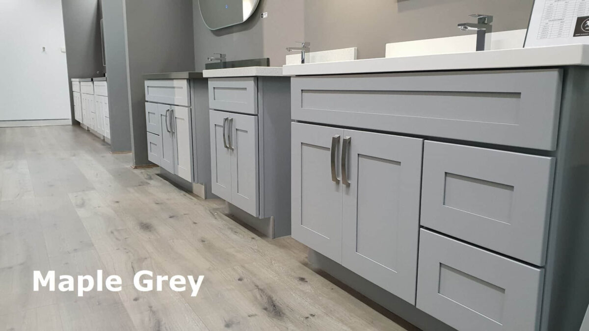 Maple Grey kitchen cabinets in a showroom display.