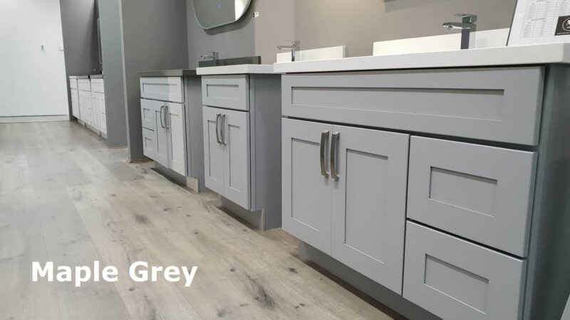 Maple Grey kitchen cabinets in a showroom display.