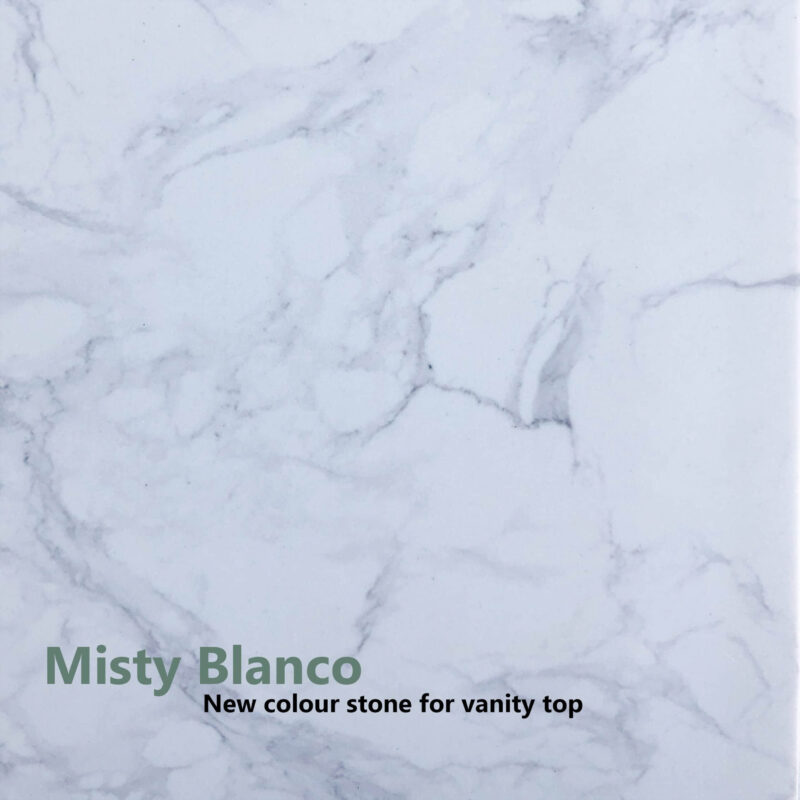 Marble-patterned stone labeled "Misty Blanco" for vanity tops.