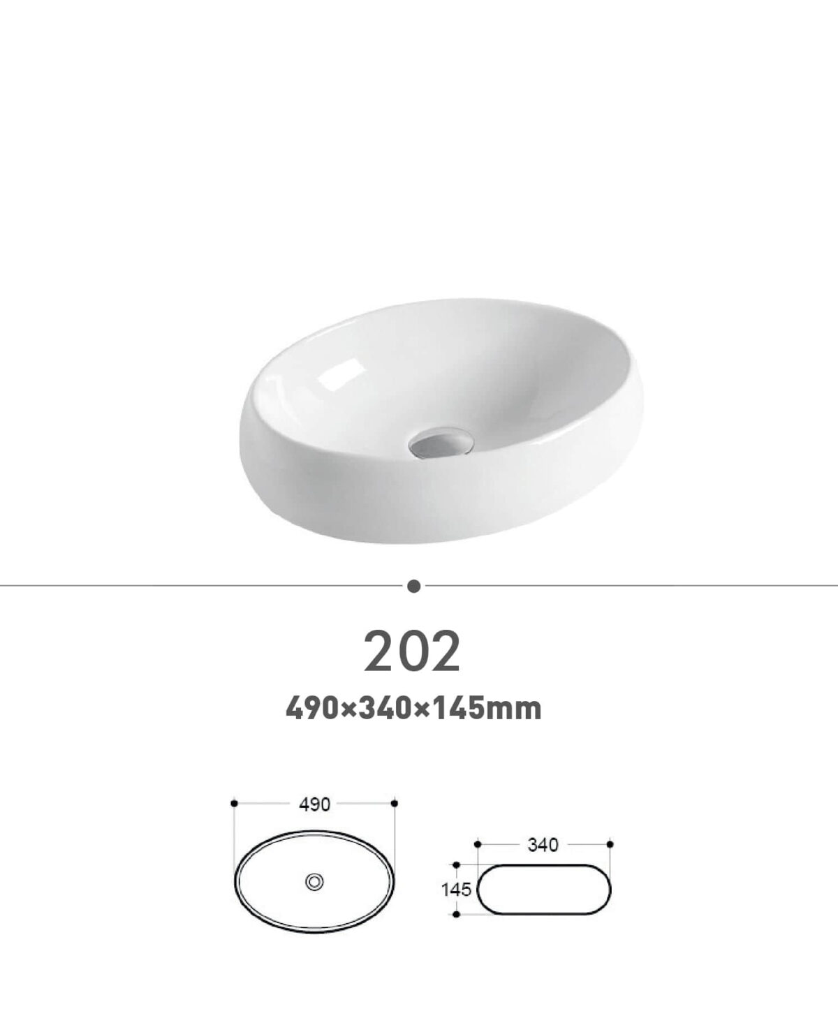 White oval bathroom sink with dimensions 490x340x145mm.