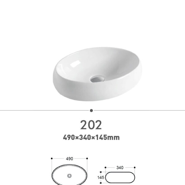 White oval bathroom sink with dimensions 490x340x145mm.