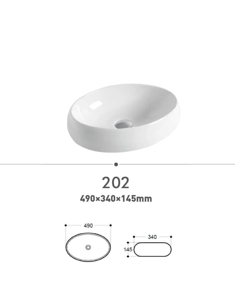 White oval bathroom sink with dimensions 490x340x145mm.
