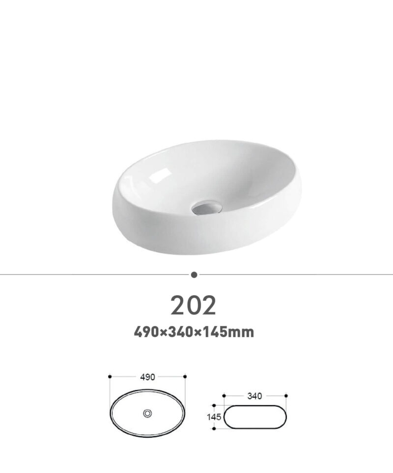 White oval bathroom sink with dimensions 490x340x145mm.