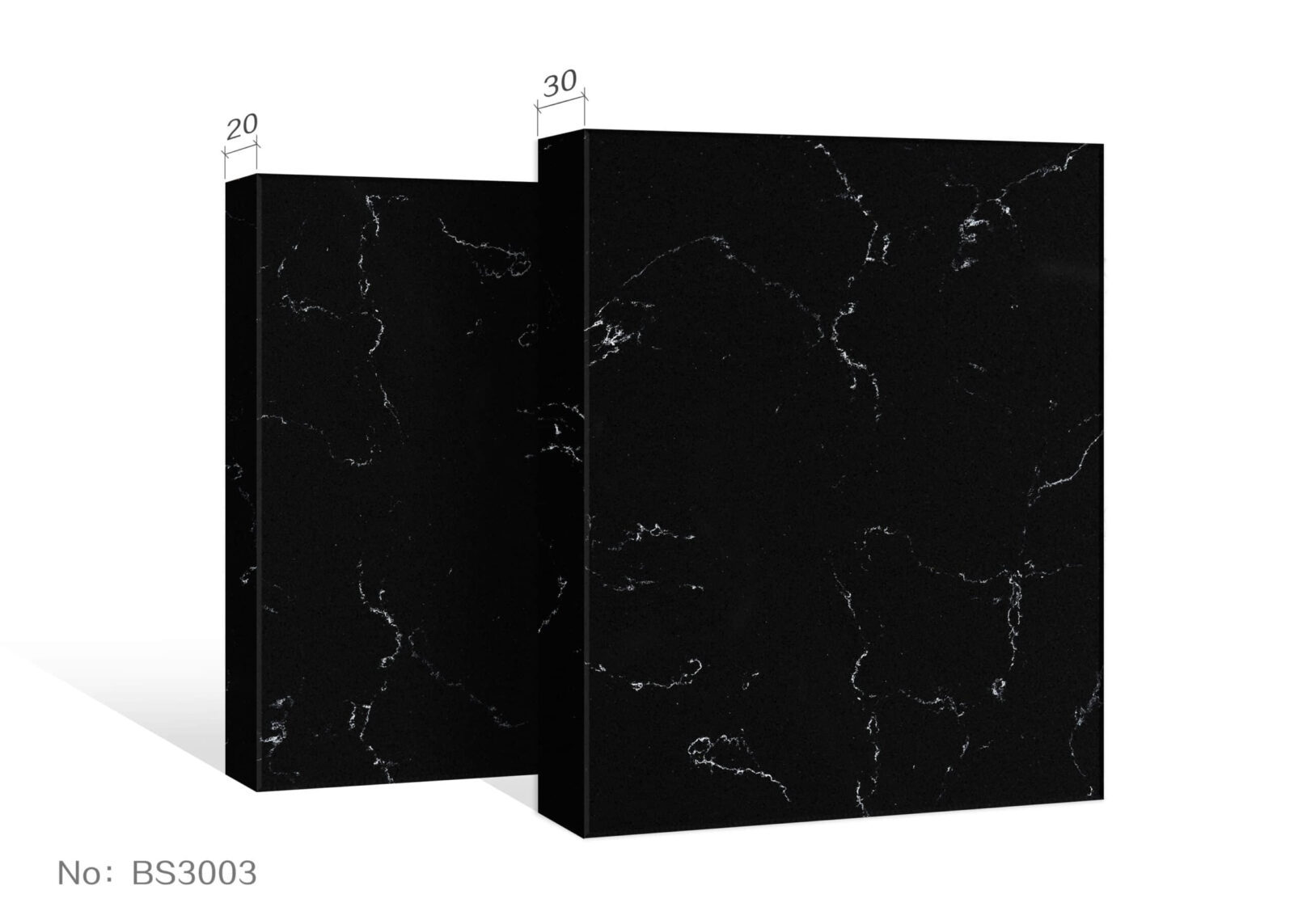 Black marble slabs with white veining, labeled BS3003, dimensions 20x30.