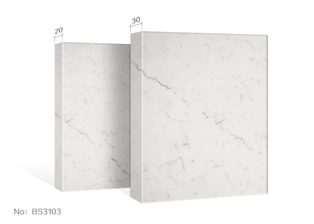 3103-2.jpg Marble-patterned kitchen countertop slabs with dimensions labeled.