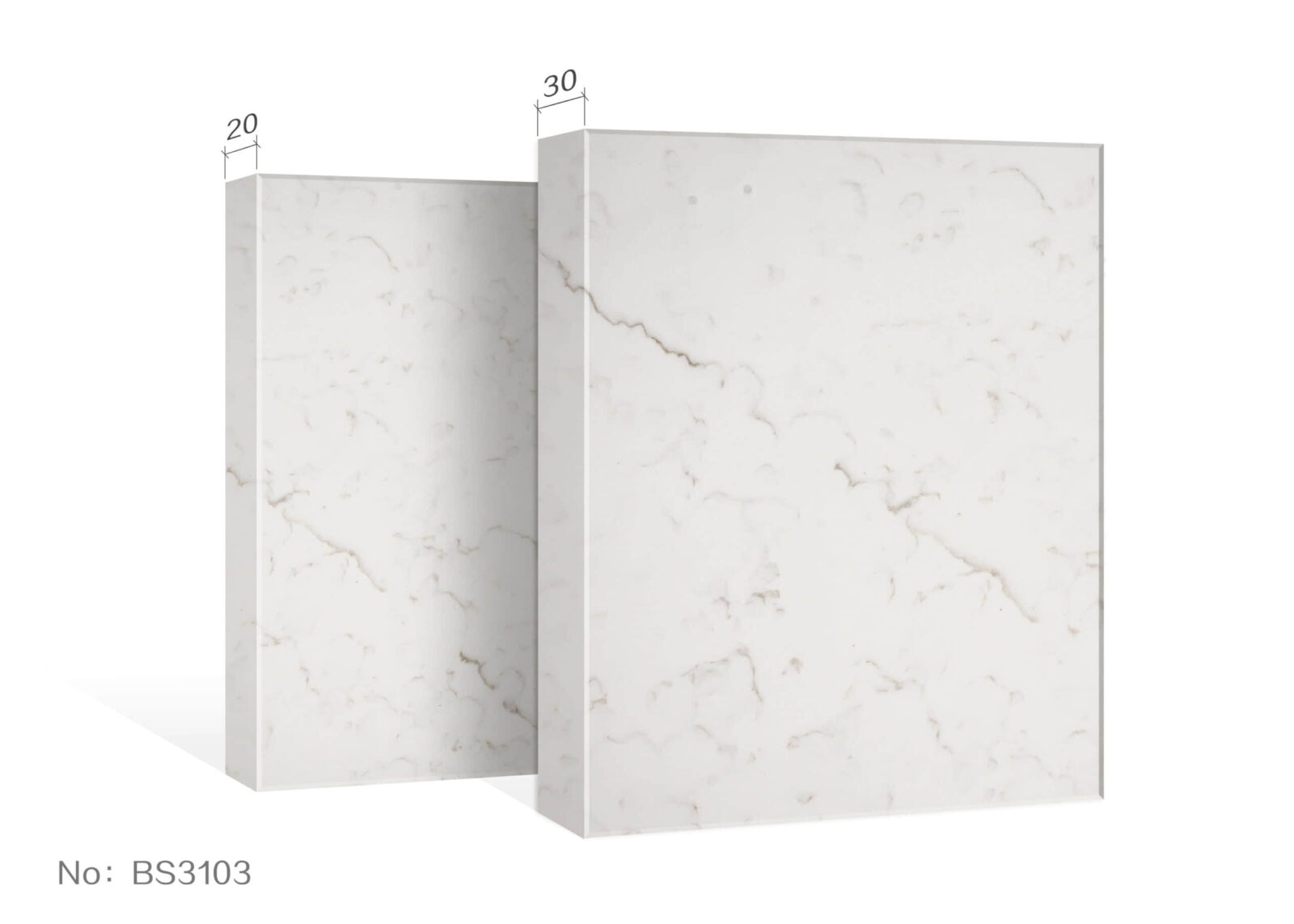 Marble-patterned kitchen countertop slabs with dimensions labeled.
