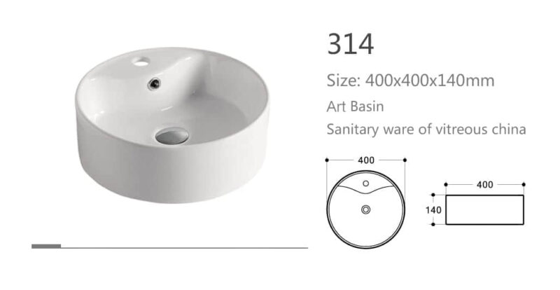Round white art basin with dimensions and design sketch.