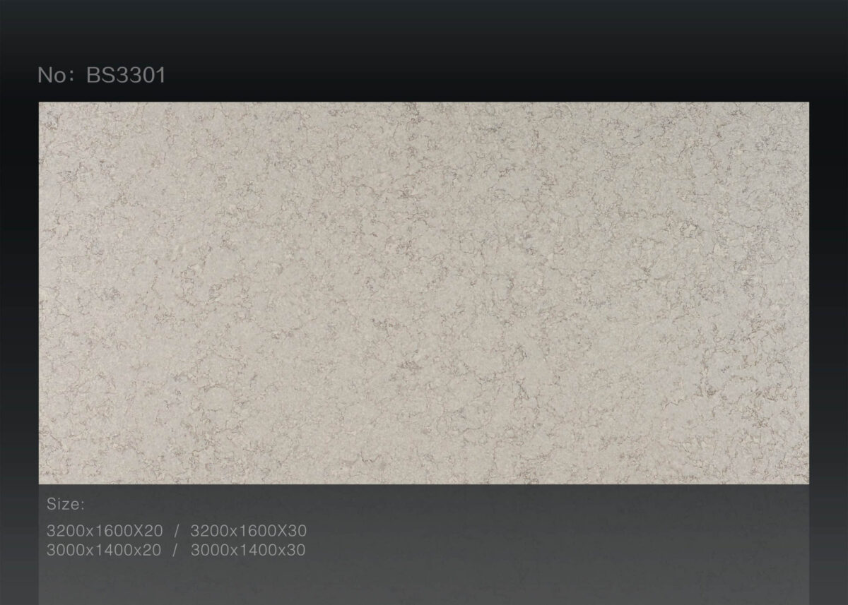 Textured beige stone slab labeled BS3301 with size options displayed.