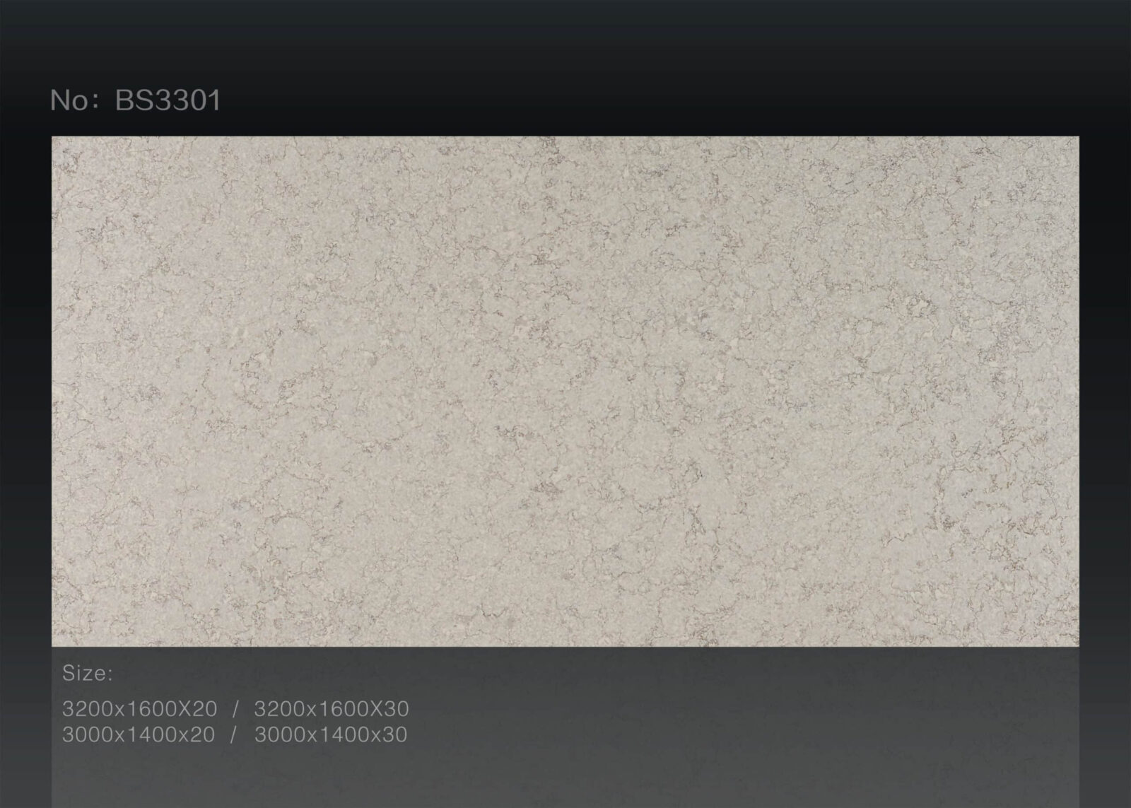 Textured beige stone slab labeled BS3301 with size options displayed.