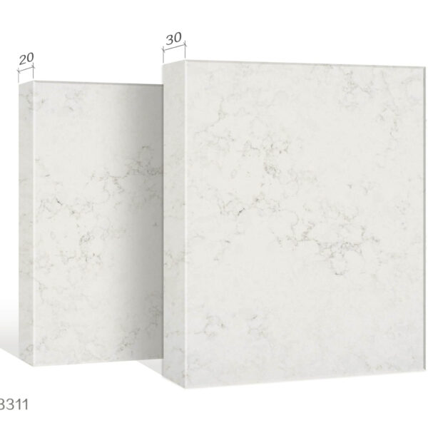 Marble-patterned kitchen countertops with dimensions labeled.