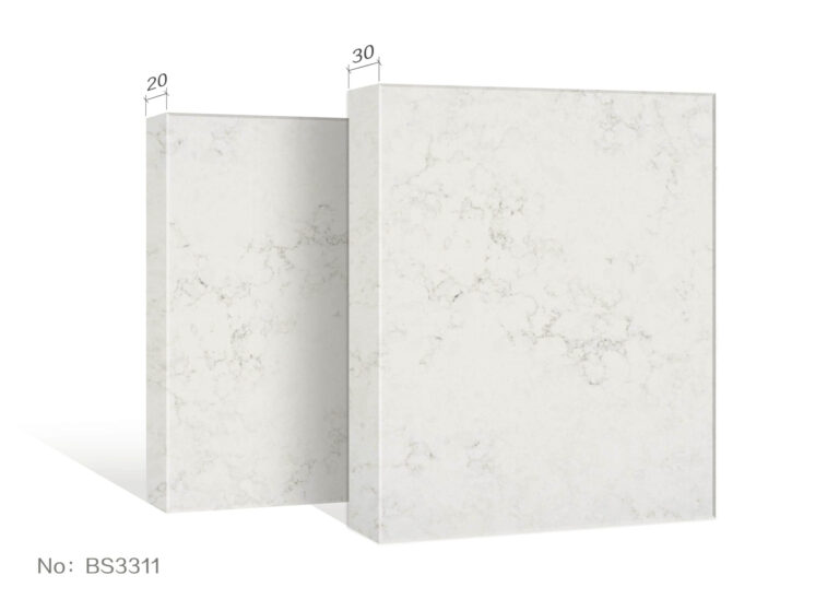 Marble-patterned kitchen countertops with dimensions labeled.