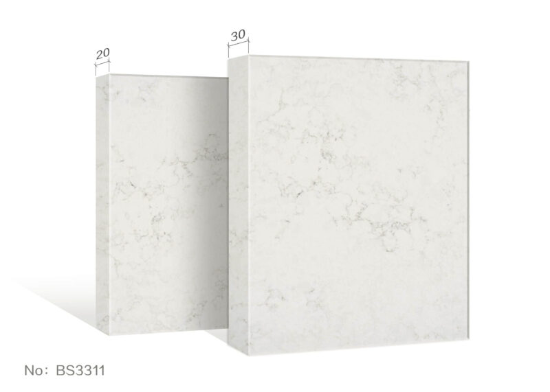 Marble-patterned kitchen countertops with dimensions labeled.