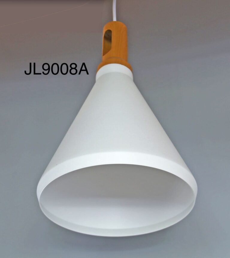 White pendant light with wooden accent, model JL9008A.