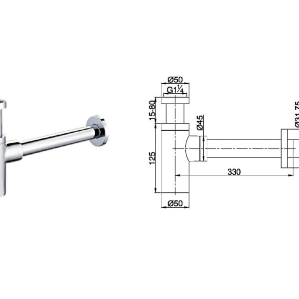 Chrome bottle trap with technical dimensions.