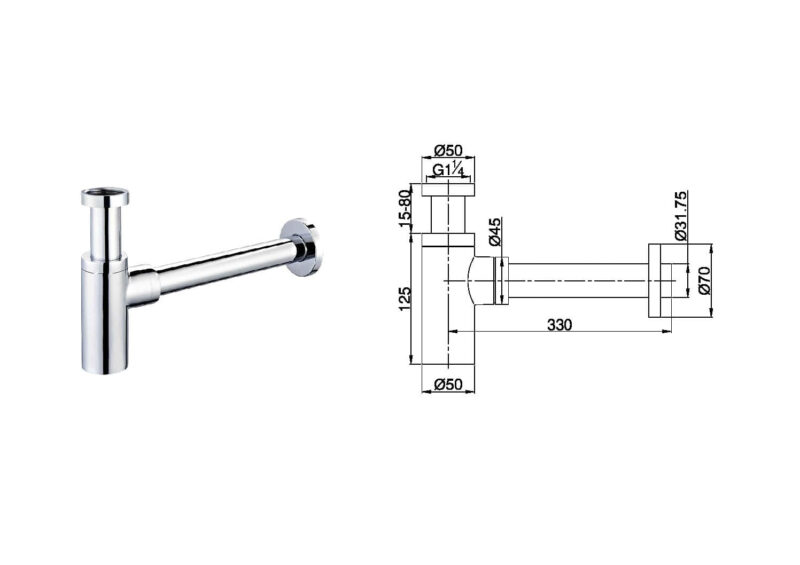 Chrome bottle trap with technical dimensions.