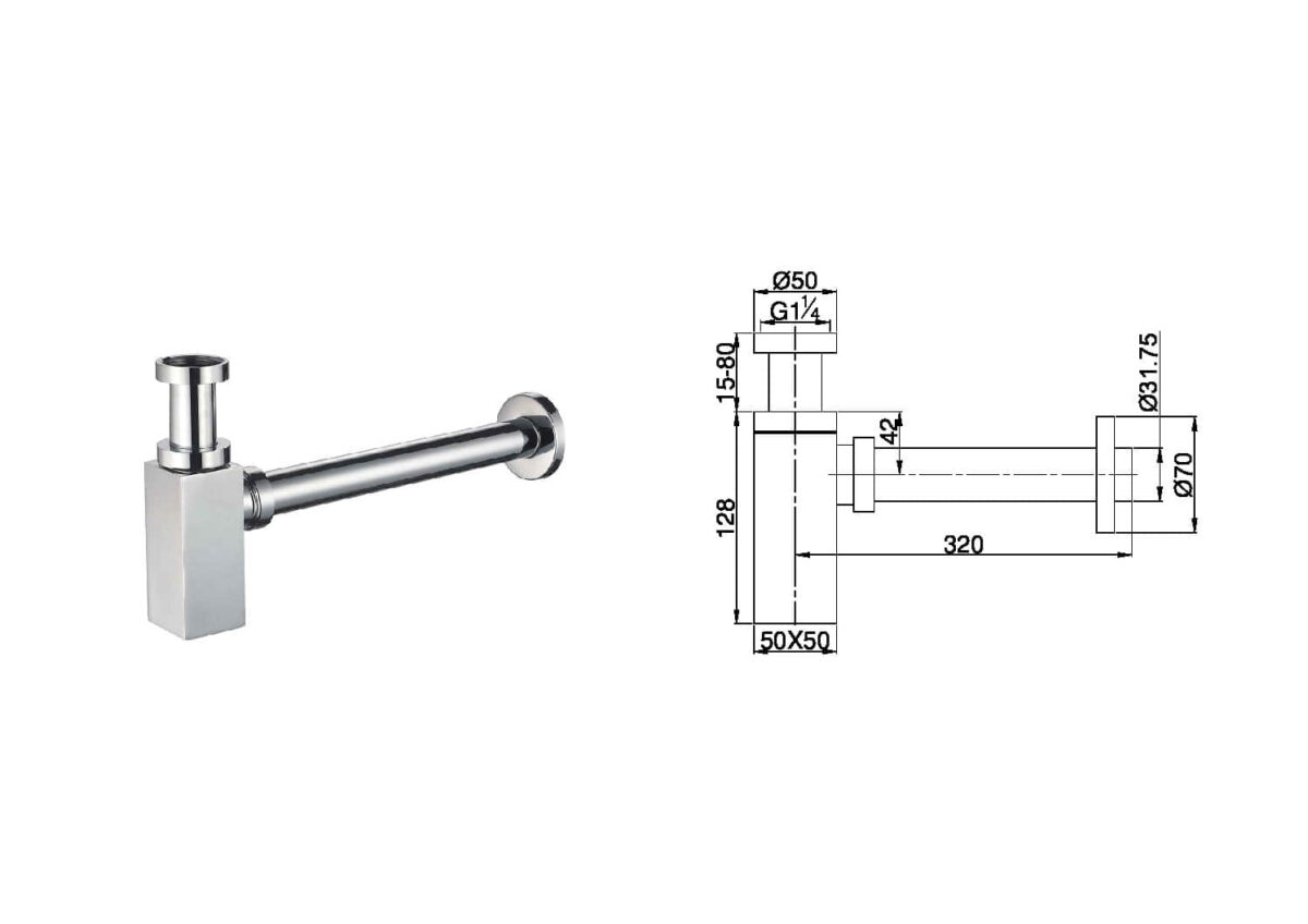 Stainless steel bottle trap with technical specifications diagram.