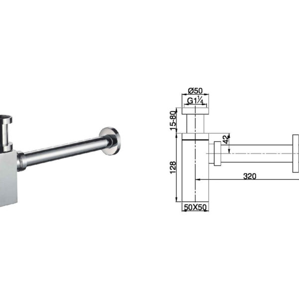 Stainless steel bottle trap with technical specifications diagram.