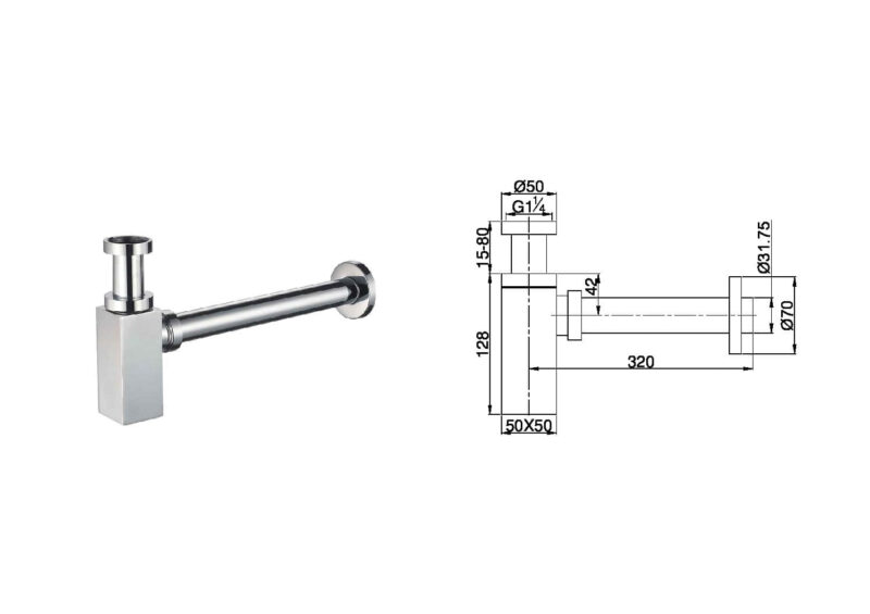 Stainless steel bottle trap with technical specifications diagram.