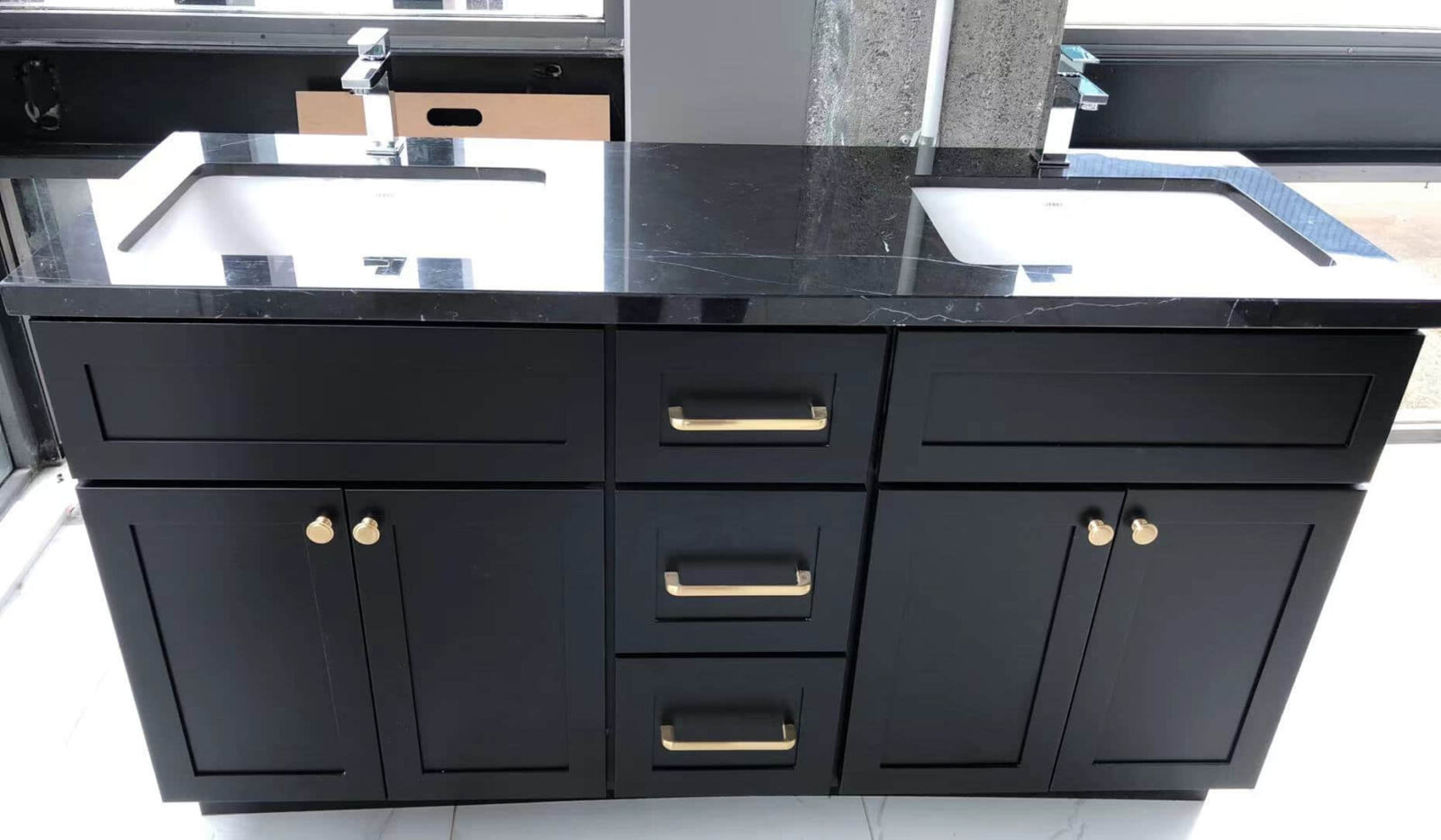 Black-marbal-1500mm.jpg Black marble double sink vanity with gold handles.