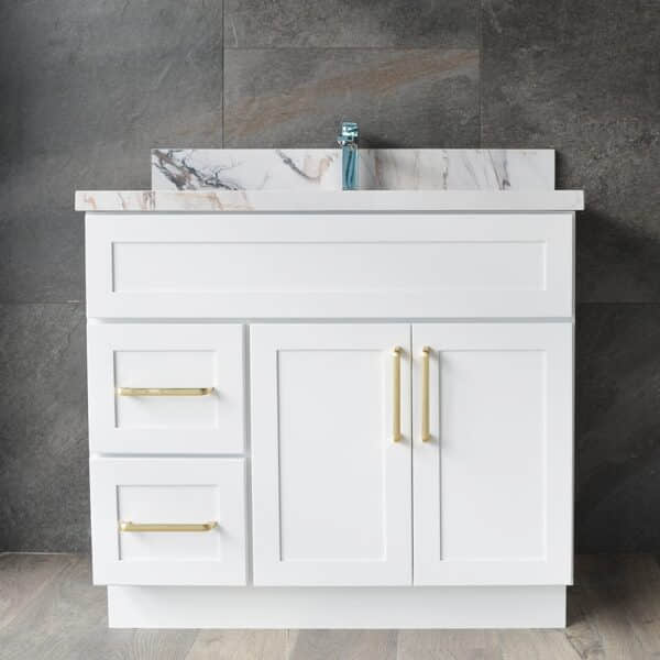 DSC_01942.jpg White bathroom vanity with marble countertop and gold handles.
