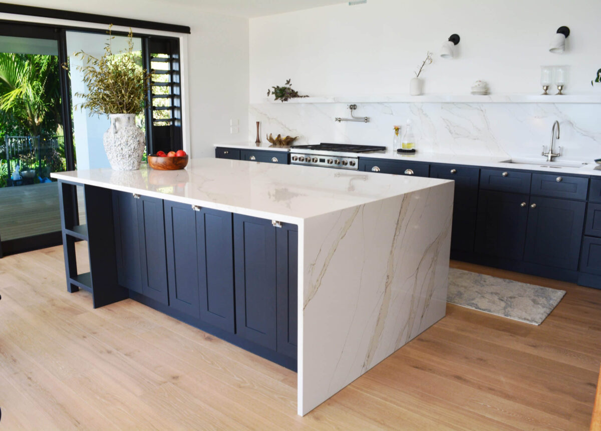 Navy Blue Modern Navy Shaker Kitchen with a Waterfall Island & Generous ...