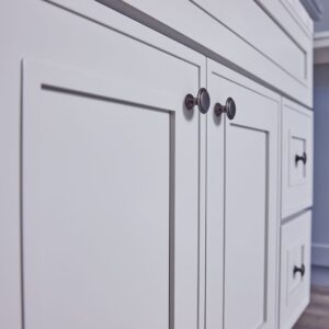 White kitchen cabinets with modern handles, close-up view.