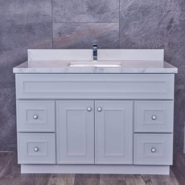 ESLG-V4720D-1.jpg Gray bathroom vanity with marble countertop and modern faucet.