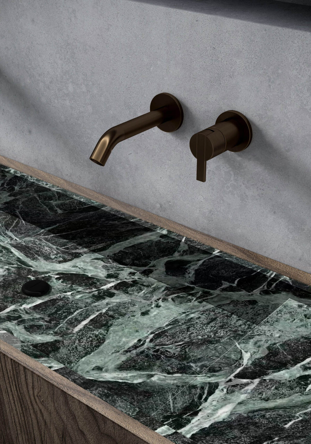 Emerald green sintered stone bench with bronze faucet.