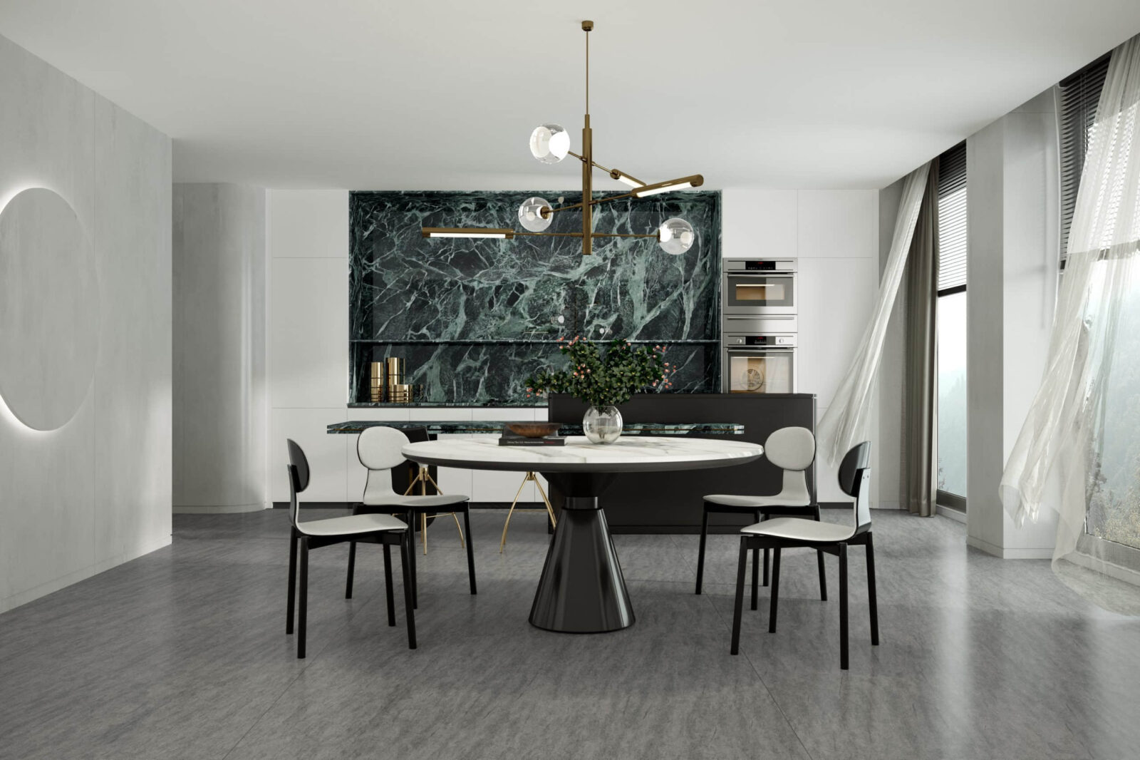 Emerald green kitchen with sintered stone bench and modern decor.