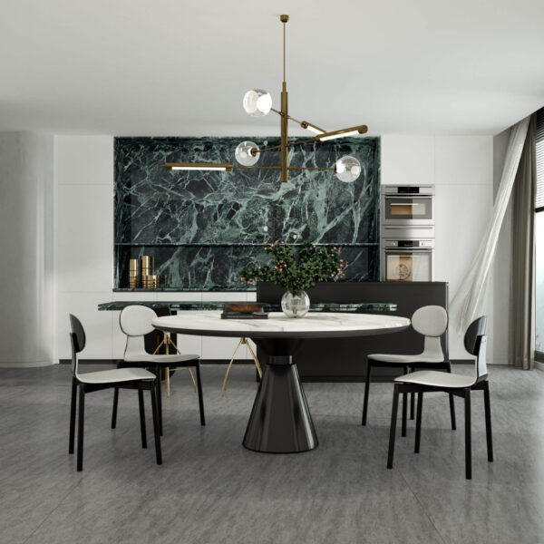 Emerald green kitchen with sintered stone bench and modern decor.