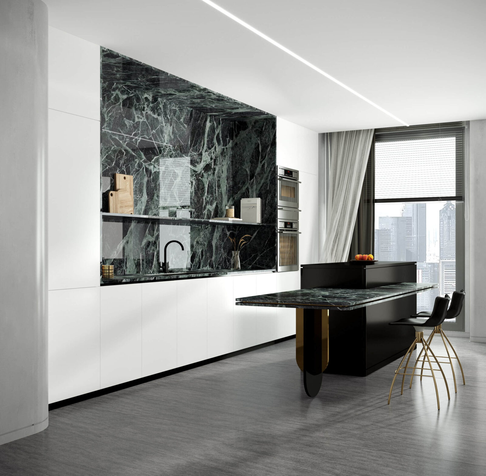 Emerald green kitchen with full-body sintered stone and porcelain bench.