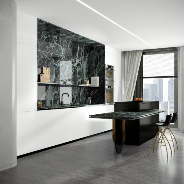 Emerald green kitchen with full-body sintered stone and porcelain bench.