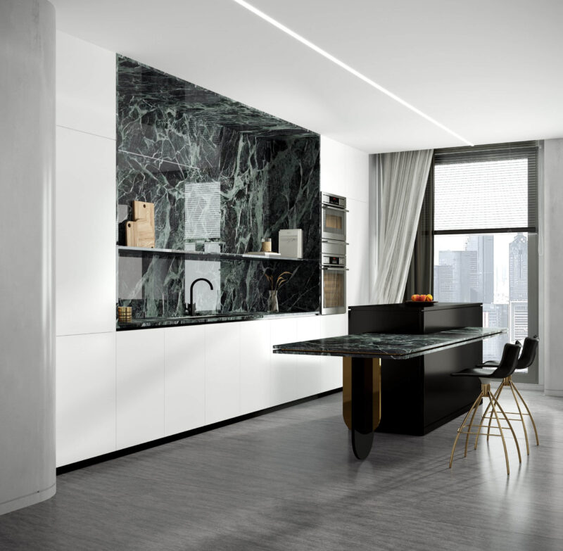 Emerald green kitchen with full-body sintered stone and porcelain bench.