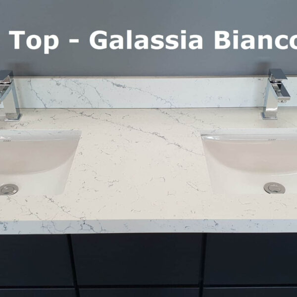 Double sink vanity with Galassia Bianco countertop.