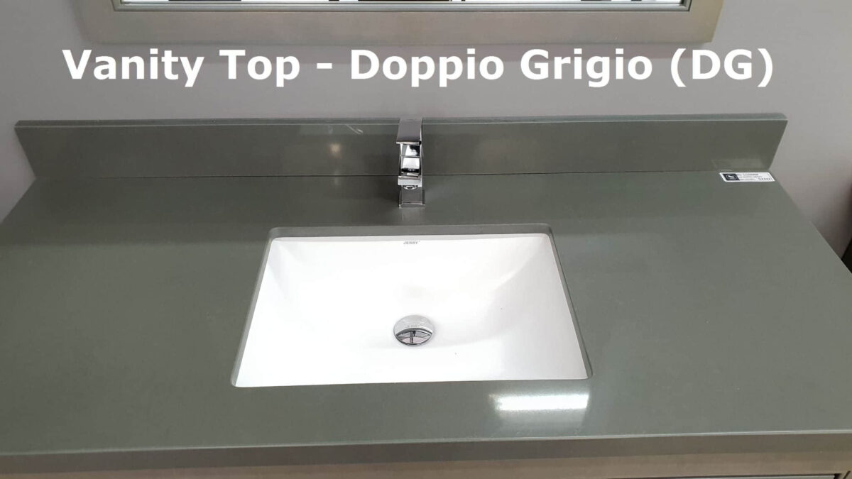 Gray countertop with sink and faucet, labeled "Doppio Grigio."