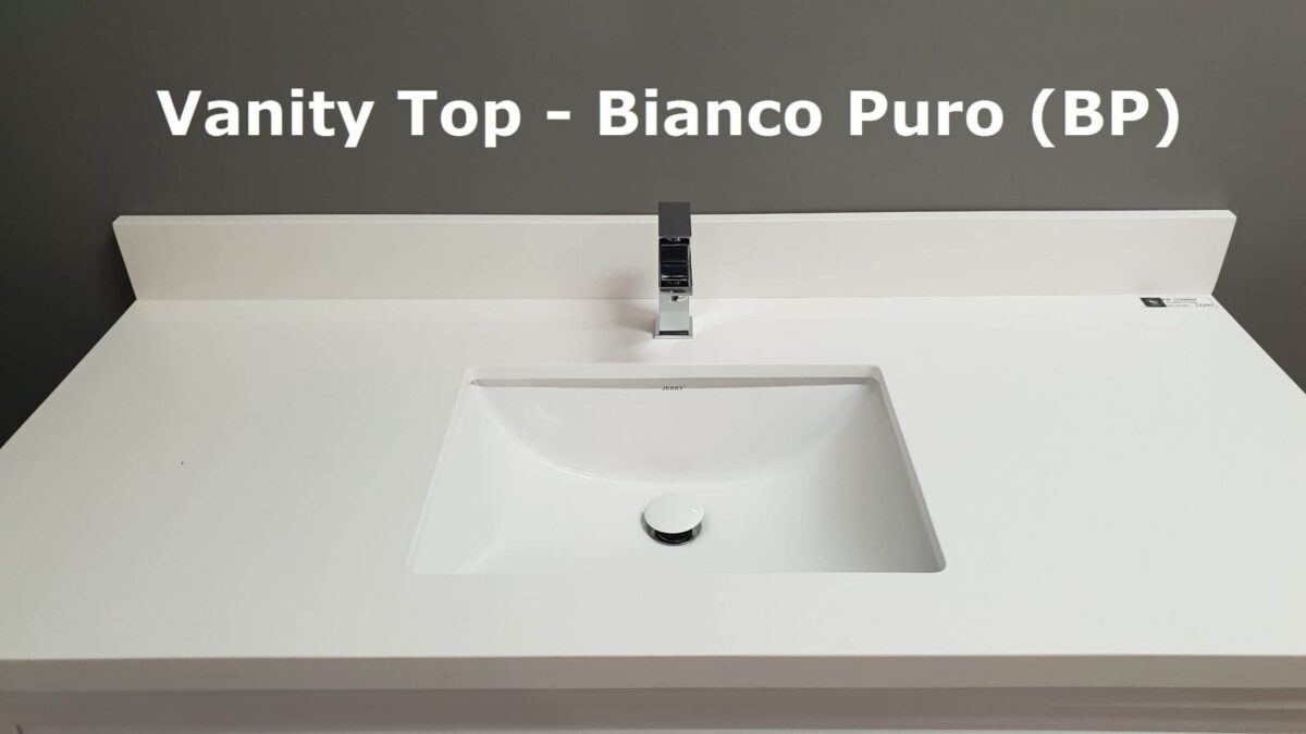 White vanity top with integrated sink and modern faucet.