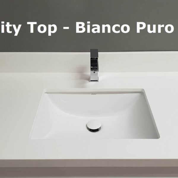 White vanity top with integrated sink and modern faucet.