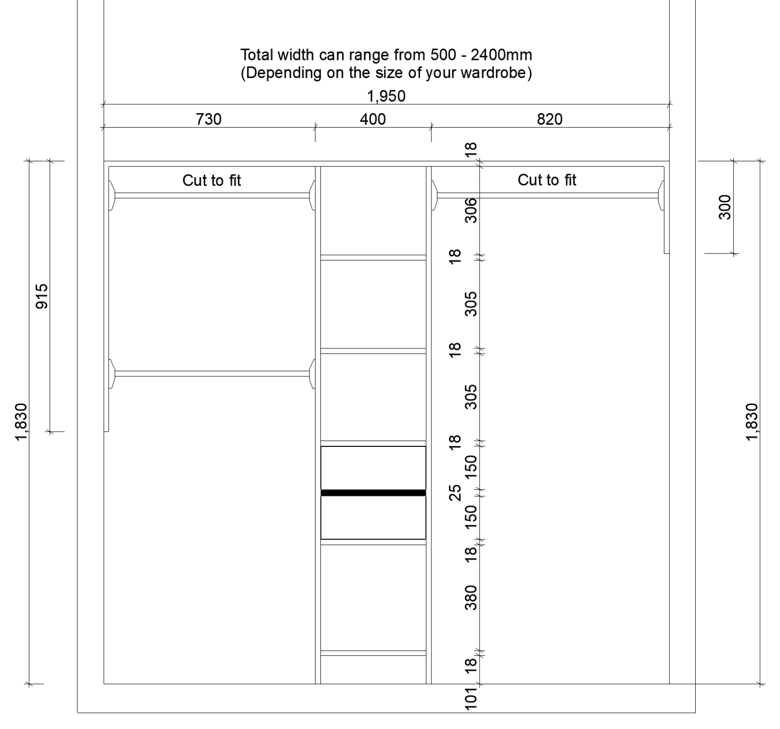 Wardrobe design with adjustable shelves and sliding doors, dimensions labeled.