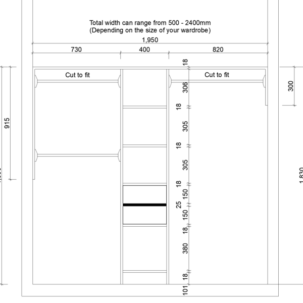 Wardrobe design with adjustable shelves and sliding doors, dimensions labeled.