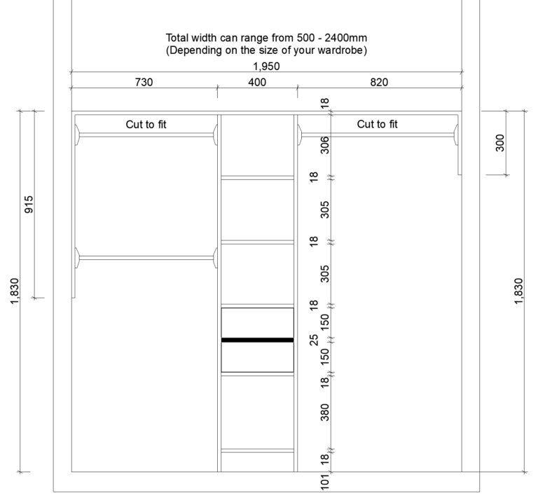 Wardrobe design with adjustable shelves and sliding doors, dimensions labeled.