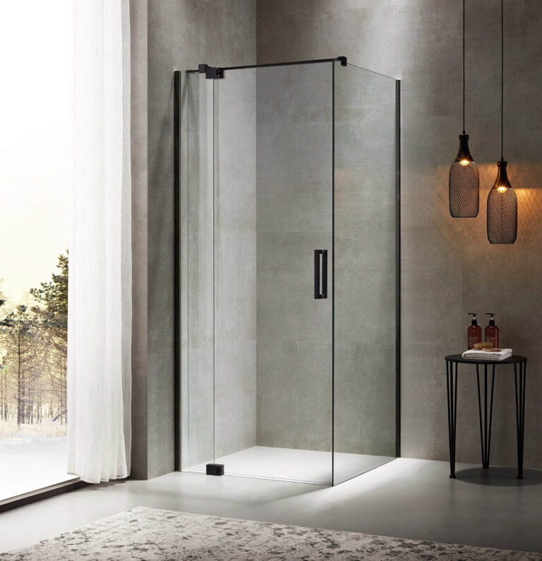 Modern glass shower enclosure in a minimalist bathroom setting.
