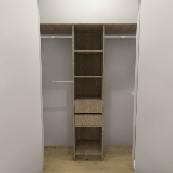 Wooden closet with shelves and drawers in a bedroom.