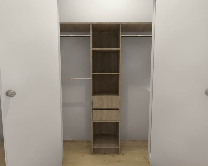Wooden closet with shelves and drawers in a bedroom.