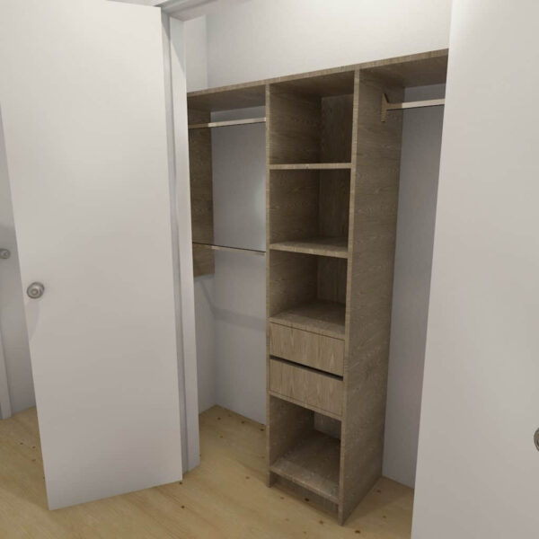 Bedroom closet with open doors and wooden shelves.