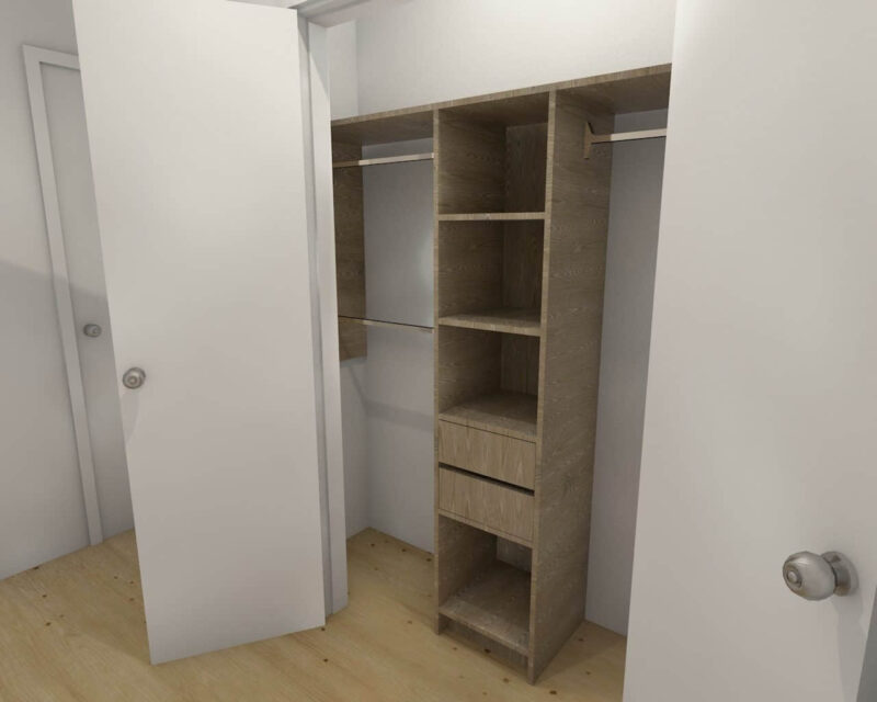 Bedroom closet with open doors and wooden shelves.