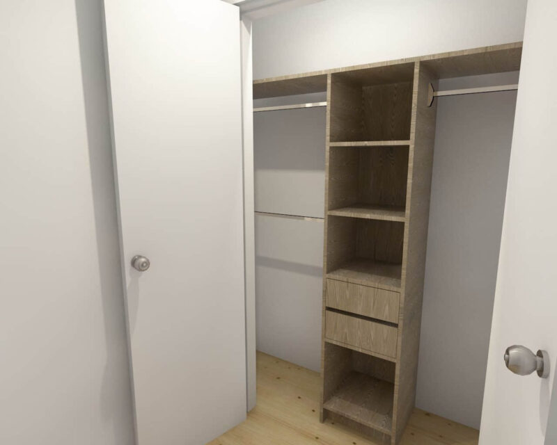 Bedroom closet with open shelving and hanging rods.