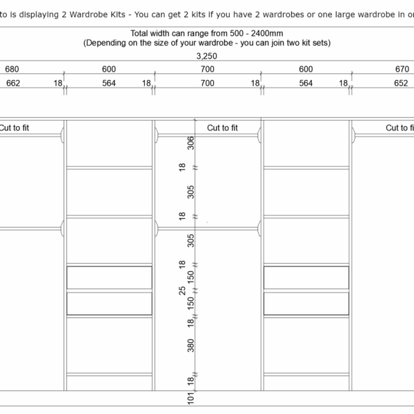 Diagram of customizable wardrobe kits with dimensions and shelving options.