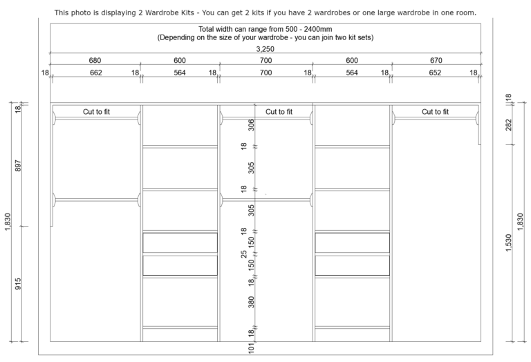 Diagram of customizable wardrobe kits with dimensions and shelving options.