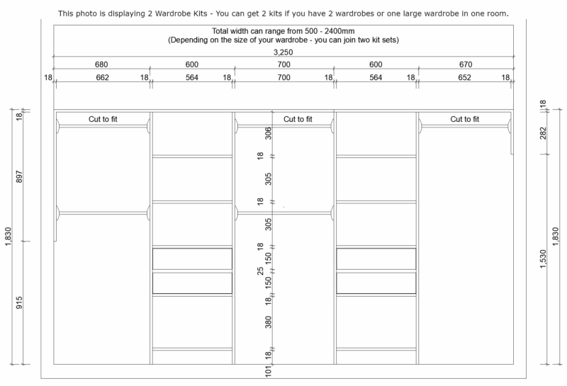 Diagram of customizable wardrobe kits with dimensions and shelving options.